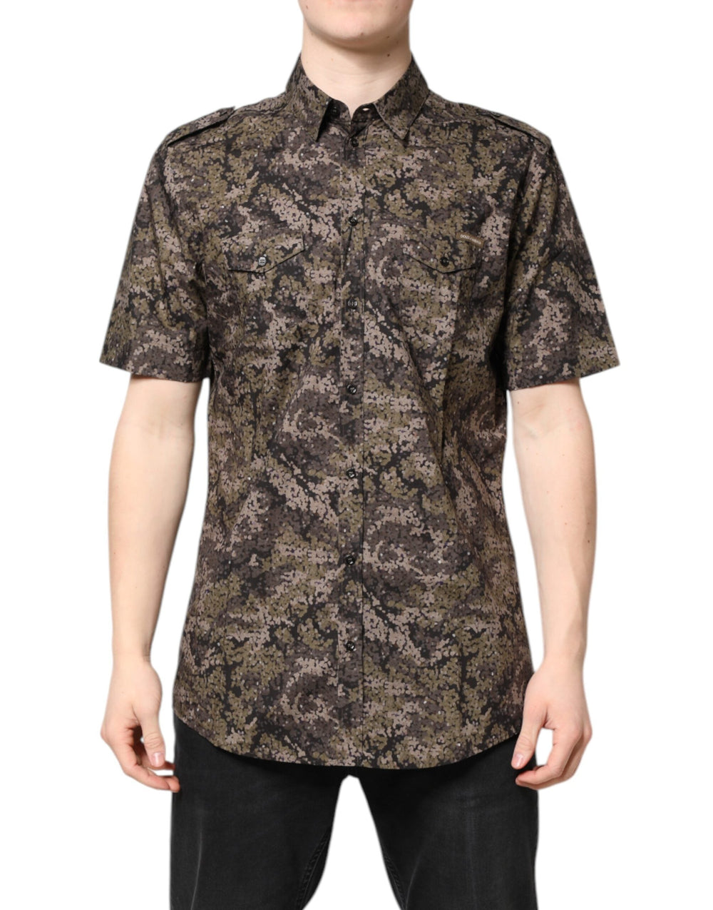 Dolce & Gabbana Multicolor Camouflage Button Down Gold Shirt