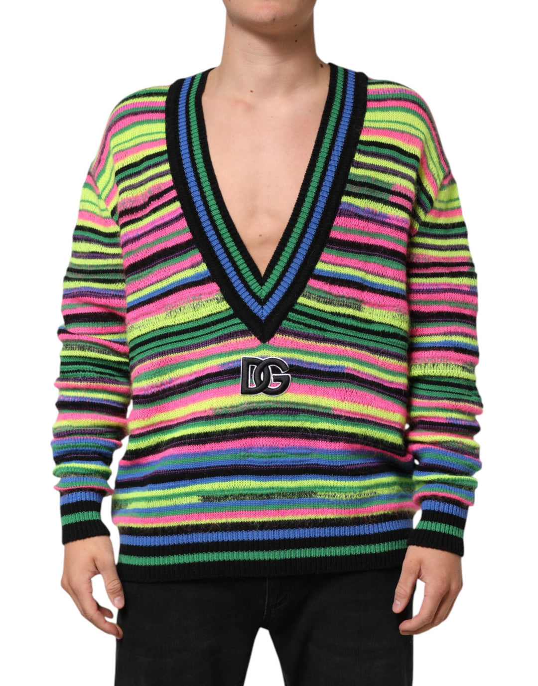 Men’s Dolce &amp; Gabbana Multicolor Dg Logo V-neck Knit Pullover Sweater