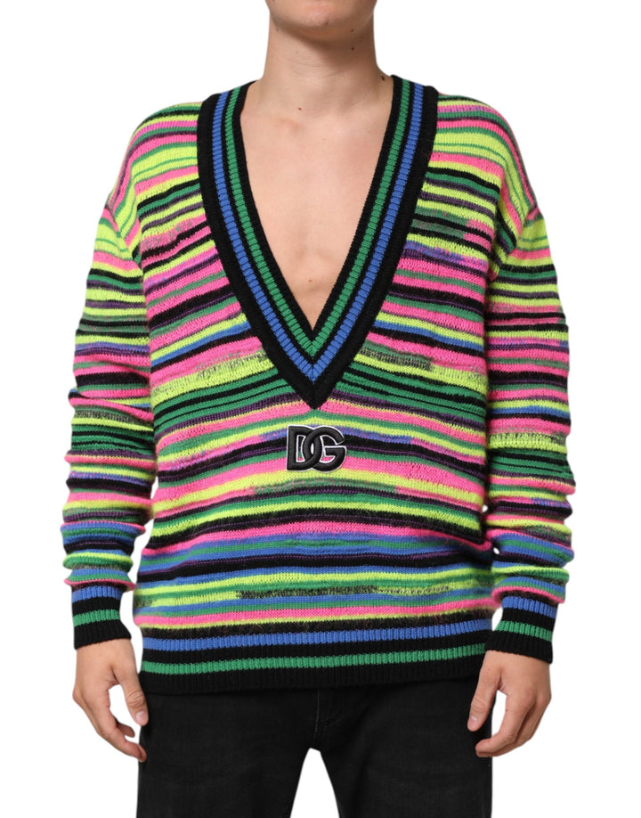 Men’s Dolce &amp; Gabbana Multicolor Dg Logo V-neck Knit Pullover Sweater
