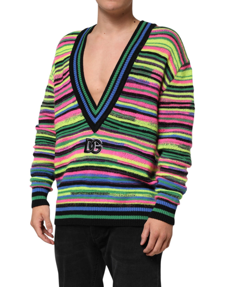 Men’s Dolce &amp; Gabbana Multicolor Dg Logo V-neck Knit Pullover Sweater