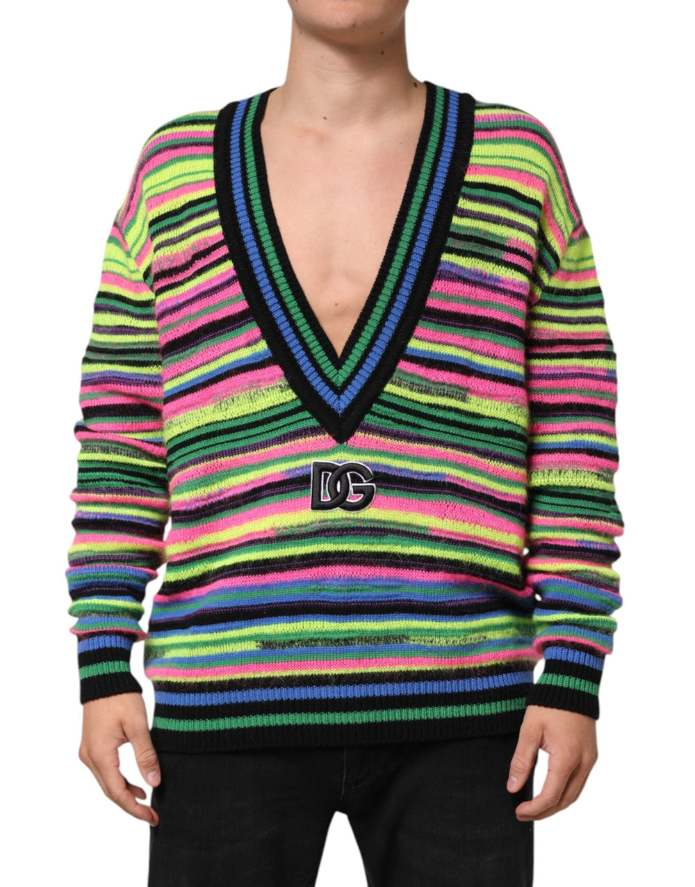 Men’s Dolce & Gabbana Multicolor Dg Logo V-neck Knit Pullover Sweater