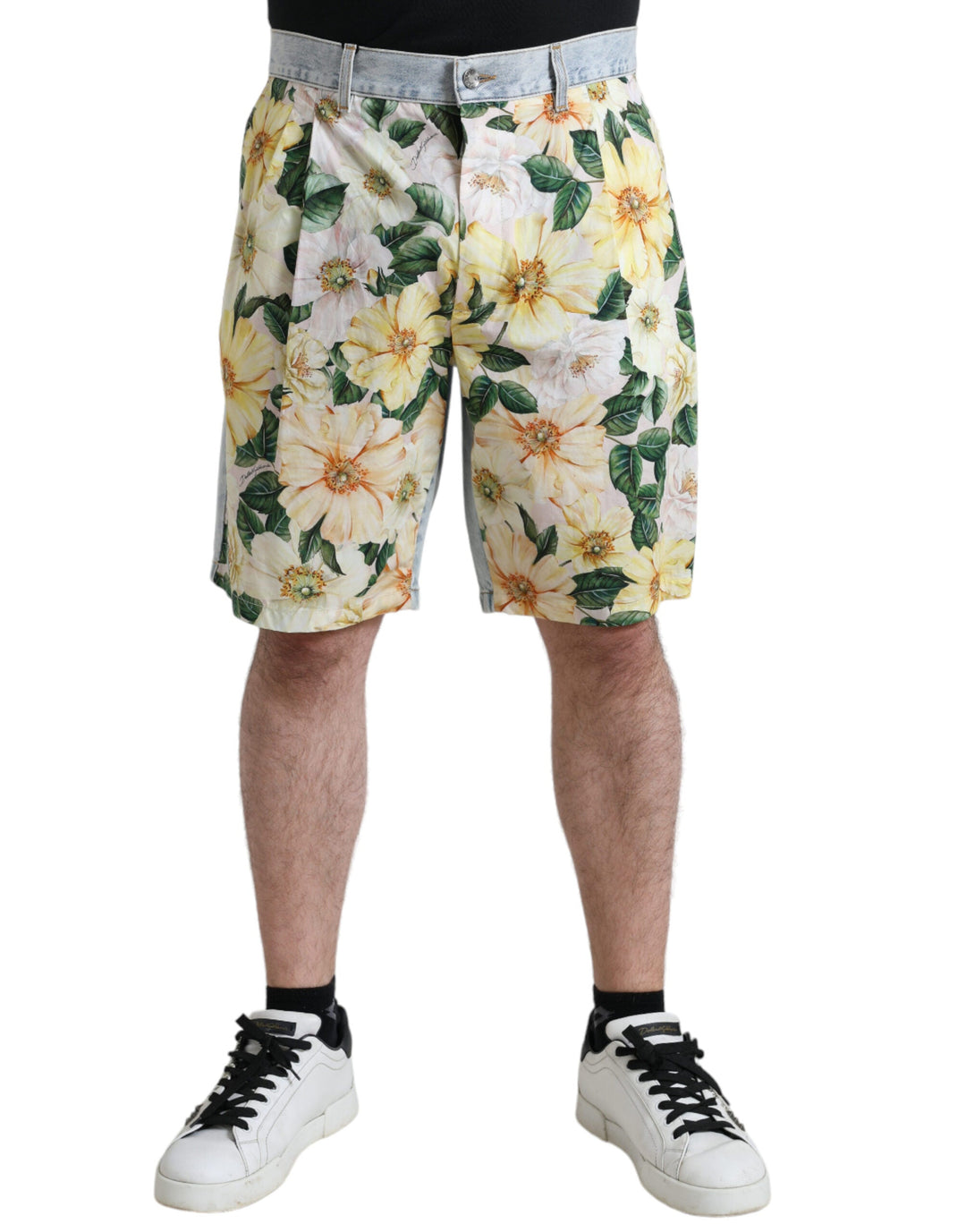 Men’s Dolce &amp; Gabbana Multicolor Floral Print Denim Bermuda Shorts
