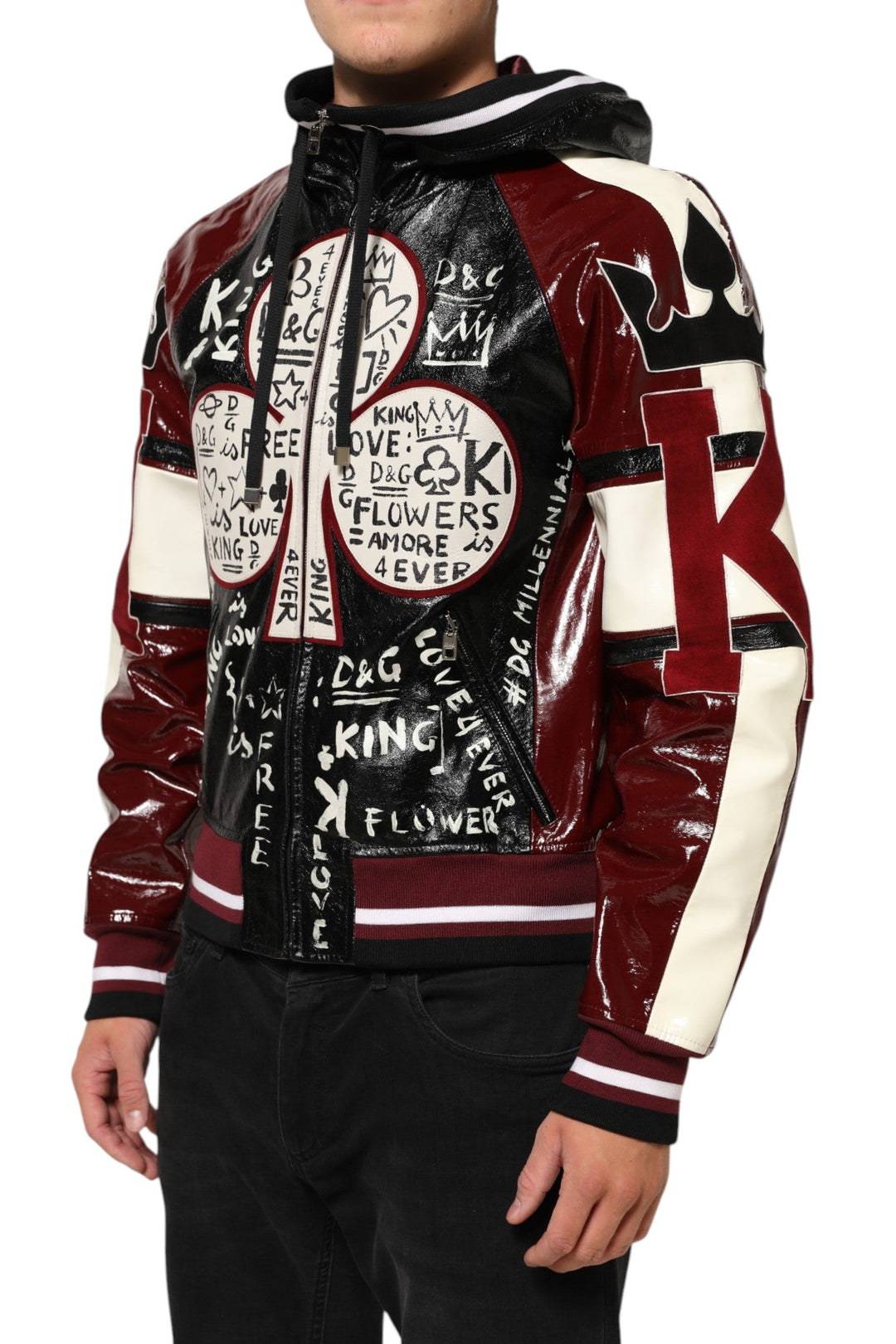 Men’s Dolce &amp; Gabbana Multicolor Hooded Leather Dg King Men Biker Jacket