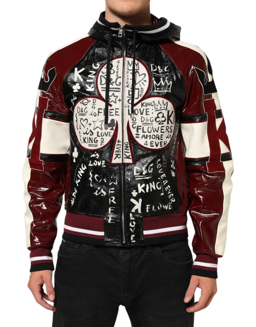 Men’s Dolce &amp; Gabbana Multicolor Hooded Leather Dg King Men Biker Jacket
