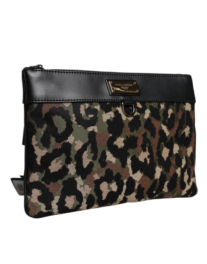 Men’s Dolce &amp; Gabbana Multicolor Leopard Jacquard Print Logo Plaque Pouch Bag