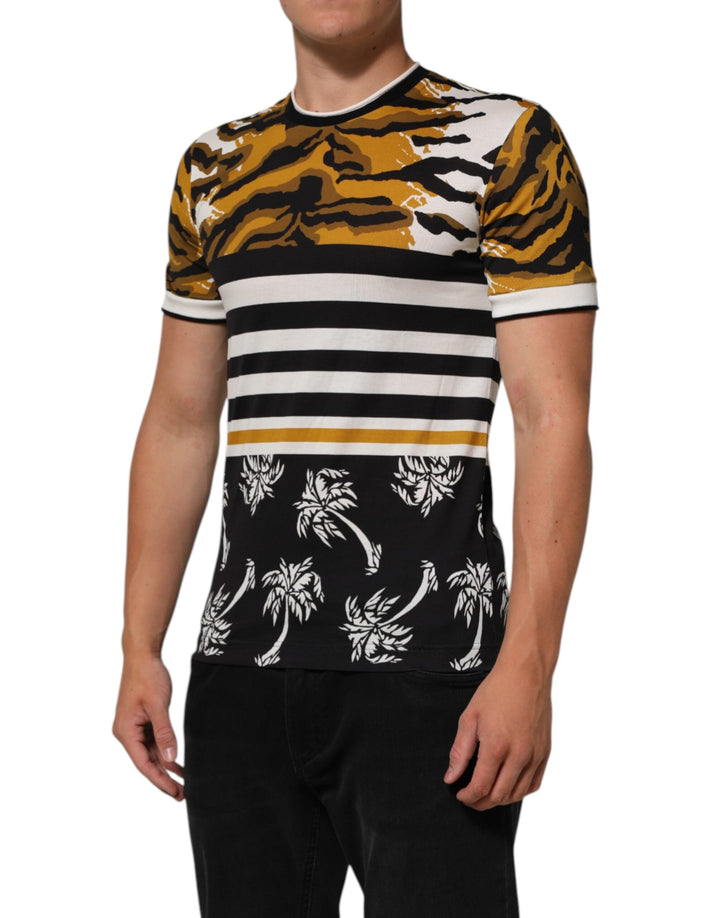 Dolce &amp; Gabbana Multicolor Leopard Palm Leaf Men Crew Neck T-shirt