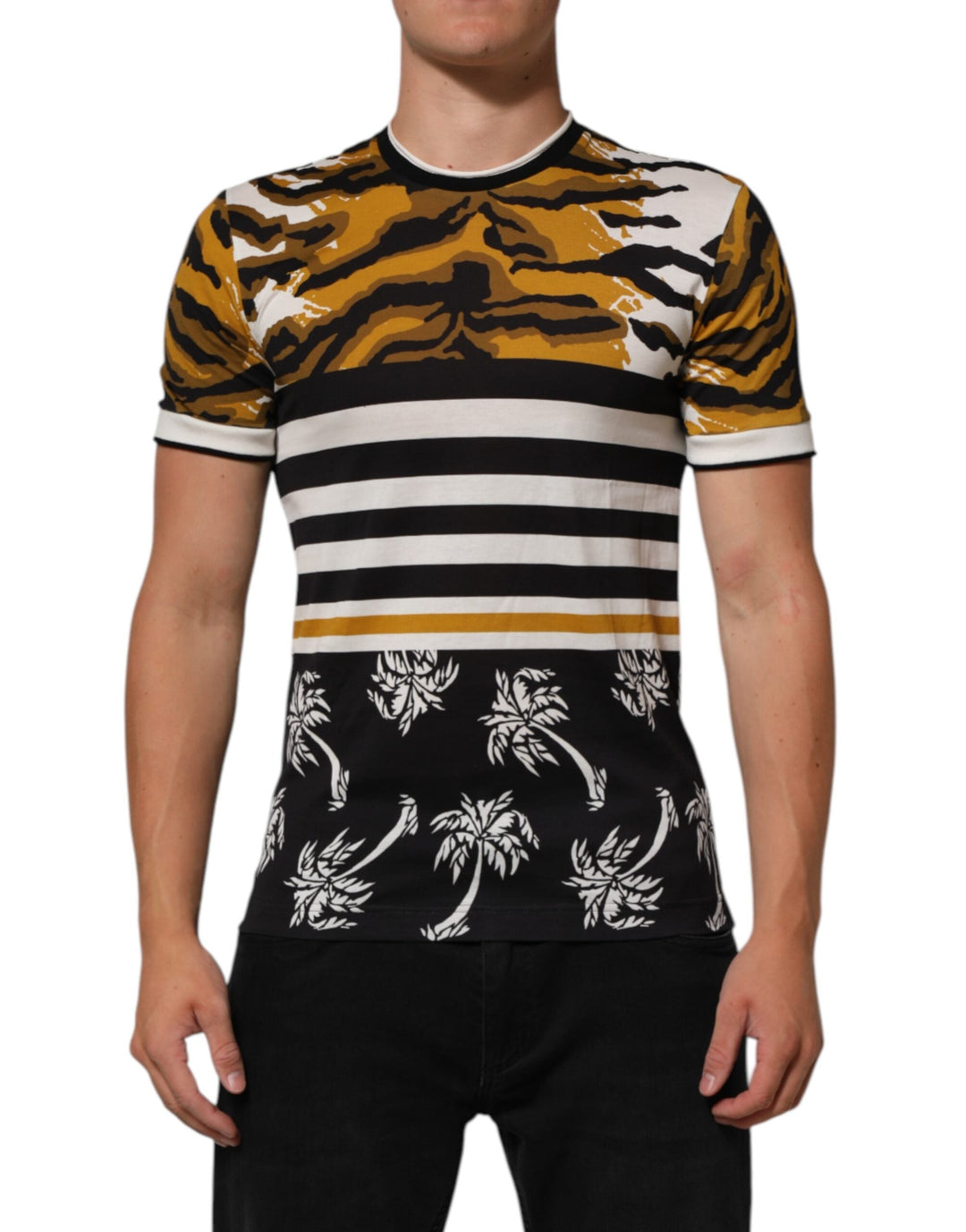 Dolce &amp; Gabbana Multicolor Leopard Palm Leaf Men Crew Neck T-shirt