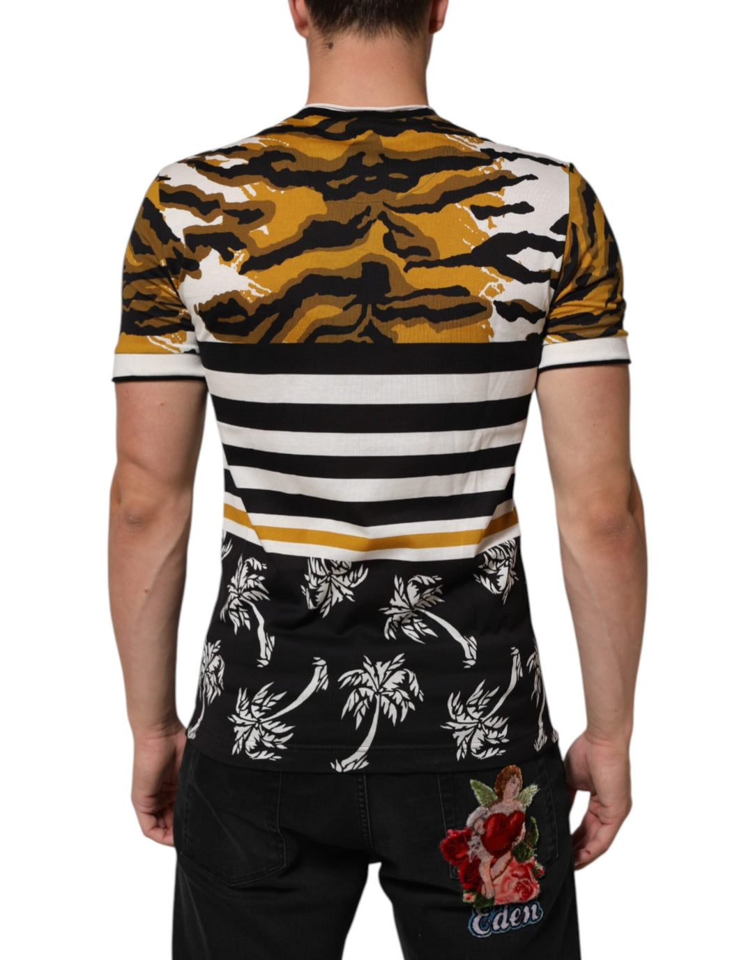 Dolce &amp; Gabbana Multicolor Leopard Palm Leaf Men Crew Neck T-shirt