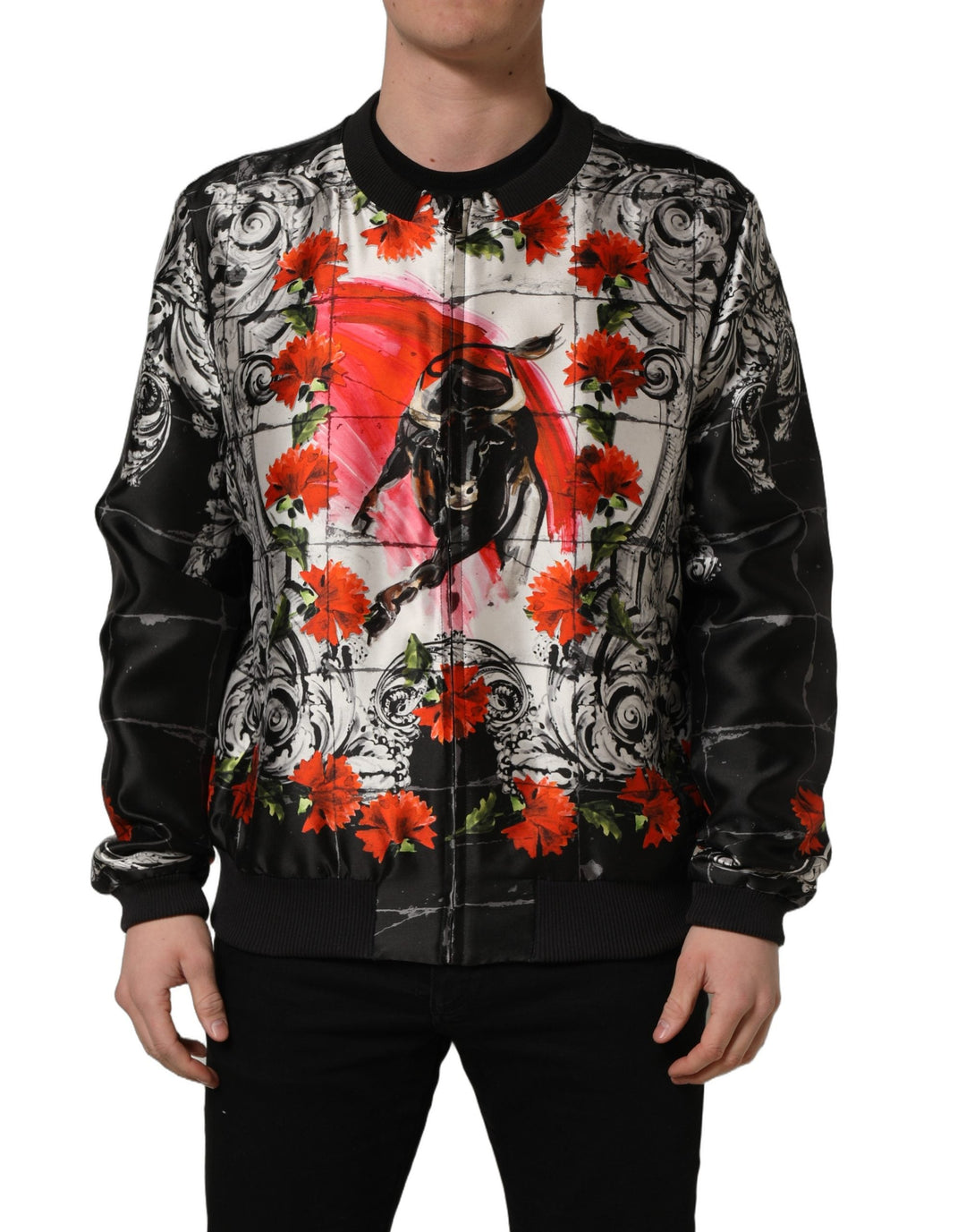 Men’s Dolce &amp; Gabbana Multicolor Majolica Bull Print Bomber Jacket