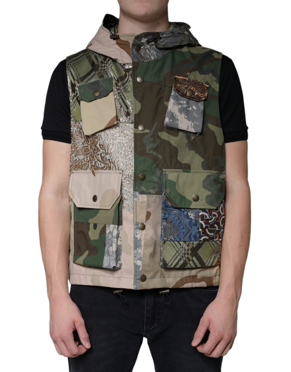 Men’s Dolce & Gabbana Multicolor Patchwork Hooded Vest Jacket