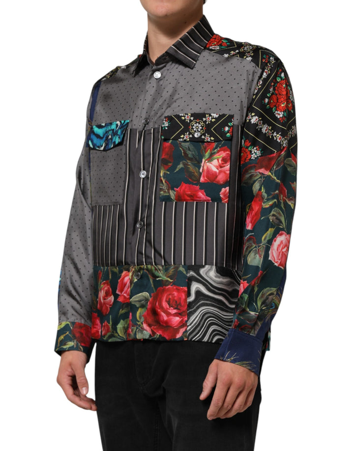 Men’s Dolce &amp; Gabbana Multicolor Patchwork Long Sleeves Silk Shirt
