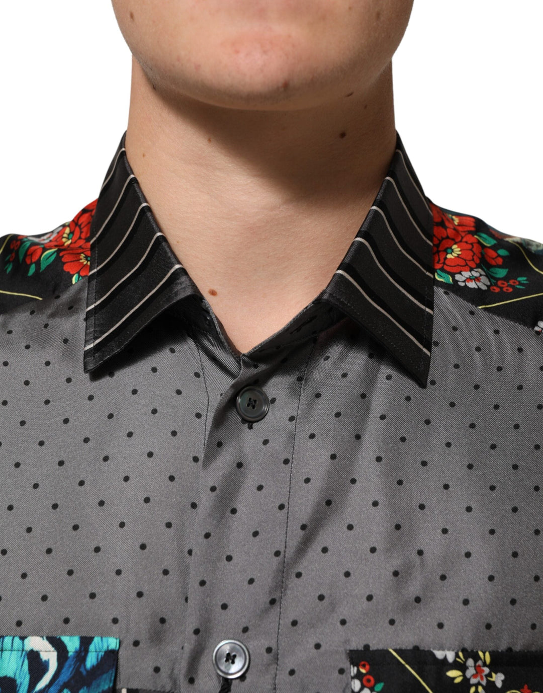 Men’s Dolce &amp; Gabbana Multicolor Patchwork Long Sleeves Silk Shirt