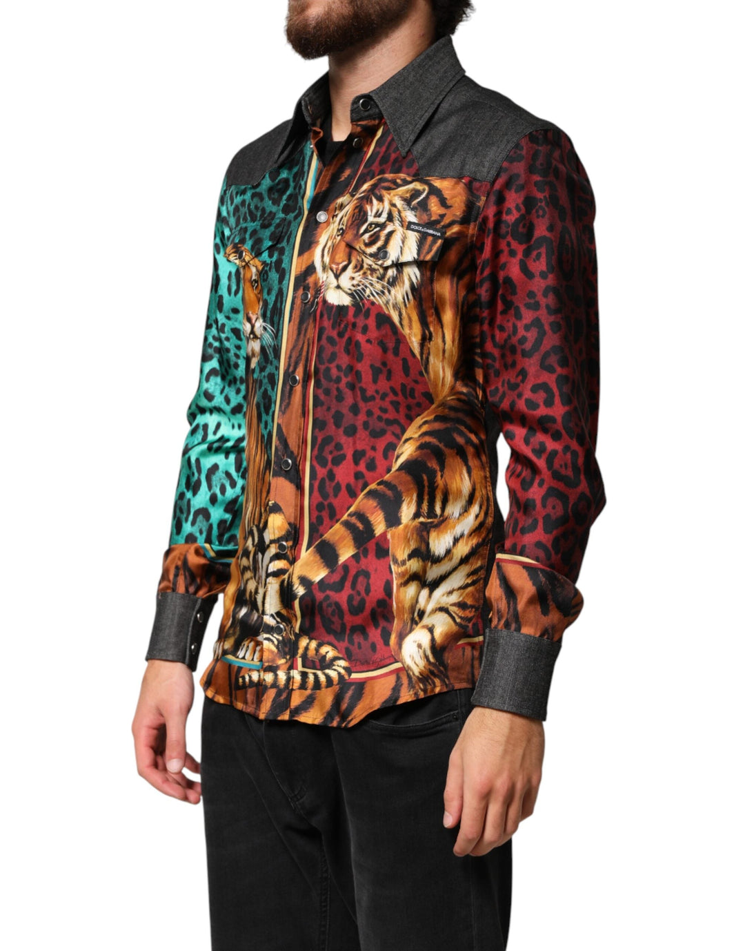 Men’s Dolce &amp; Gabbana Multicolor Tiger Leopard Print Silk Men Shirt