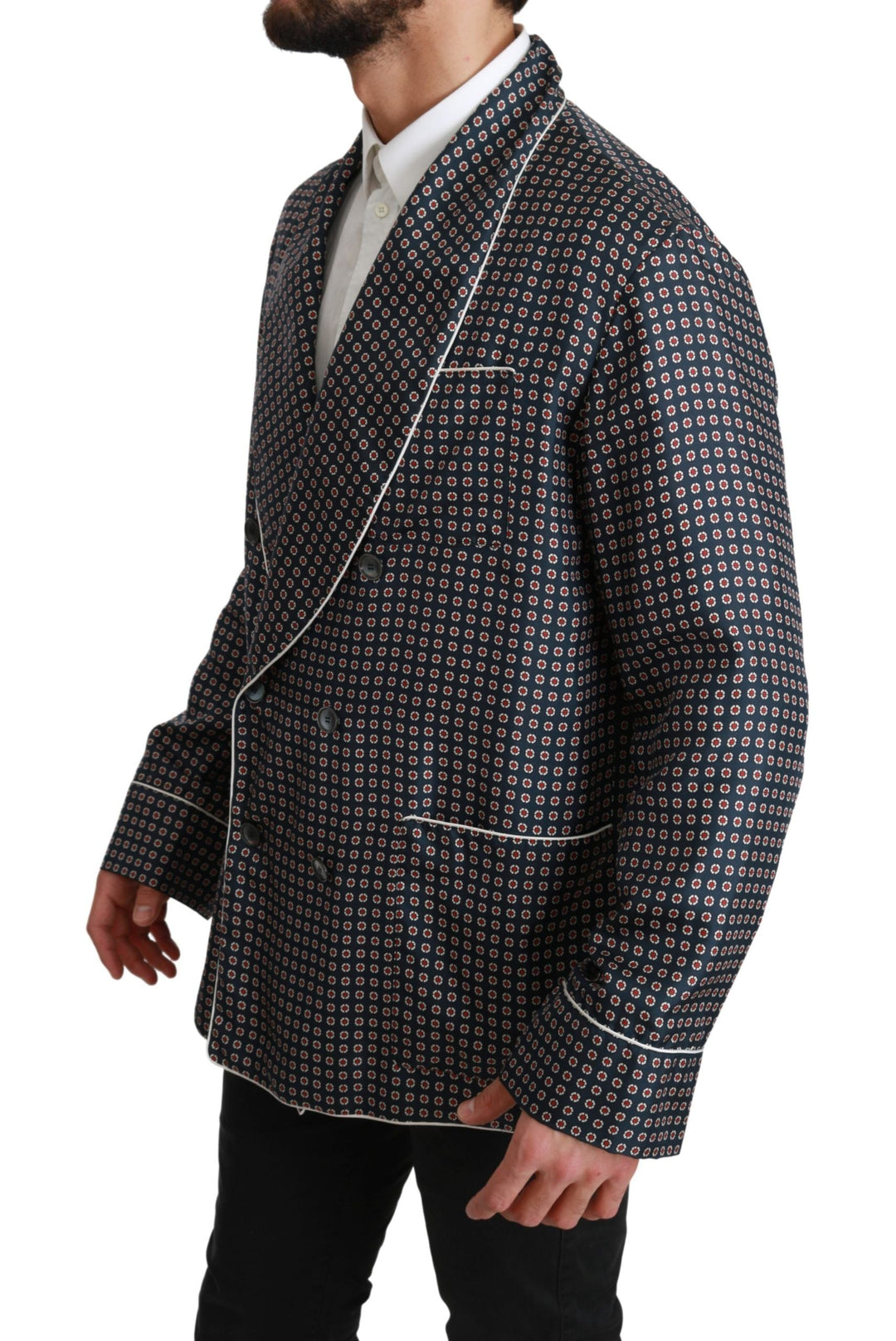 Men’s Dolce &amp; Gabbana Navy Blue Patterned Double Breasted Coat Jacket