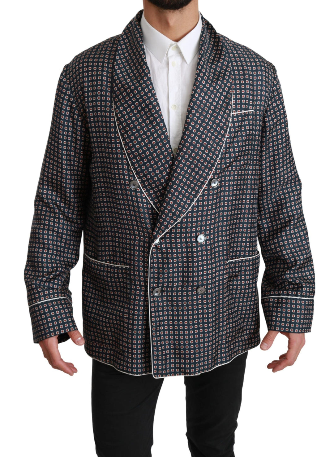 Men’s Dolce & Gabbana Navy Blue Patterned Double Breasted Coat Jacket