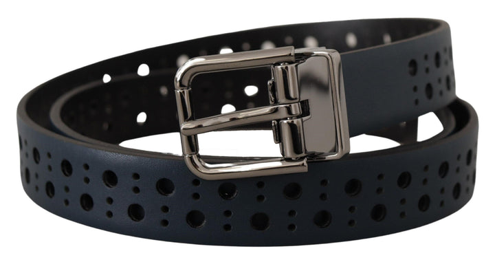 Dolce &amp; Gabbana Navy Blue Perforated Leather Skinny Metal Buckle Belt