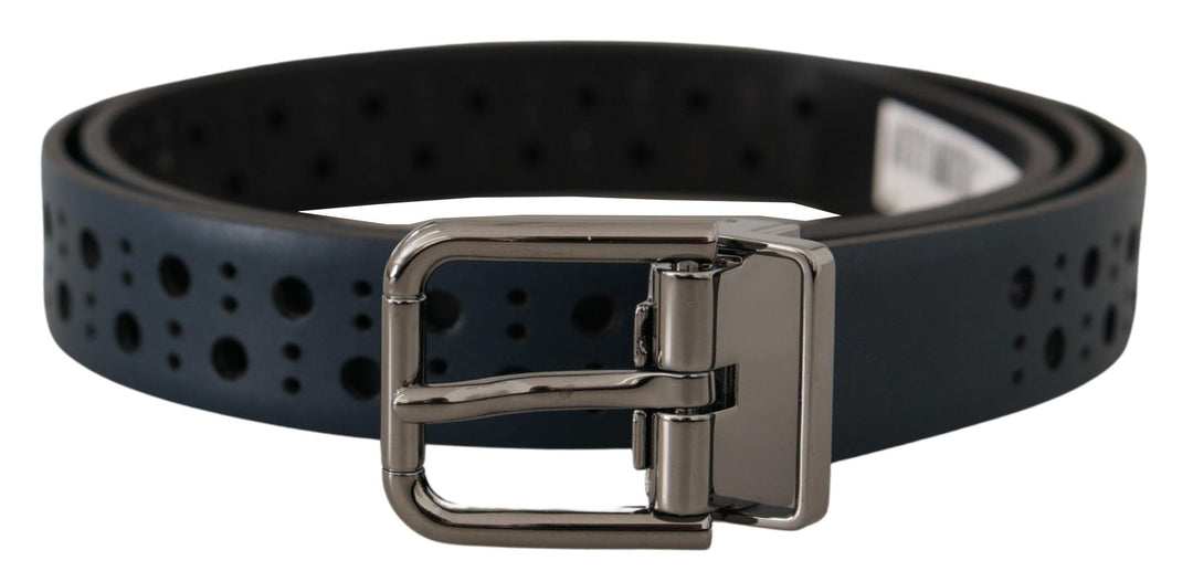Dolce &amp; Gabbana Navy Blue Perforated Leather Skinny Metal Buckle Belt