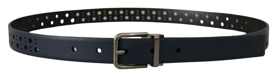 Dolce &amp; Gabbana Navy Blue Perforated Leather Skinny Metal Buckle Belt