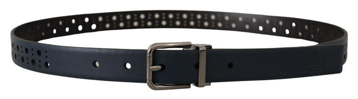 Dolce &amp; Gabbana Navy Blue Perforated Leather Skinny Metal Buckle Belt