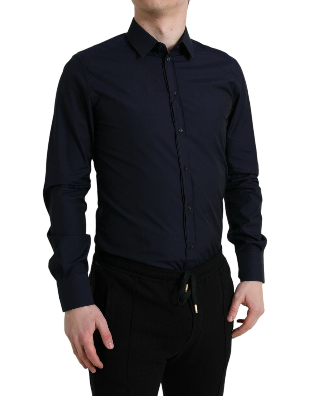 Dolce &amp; Gabbana Navy Blue Slim Fit Formal Gold Dress Shirt