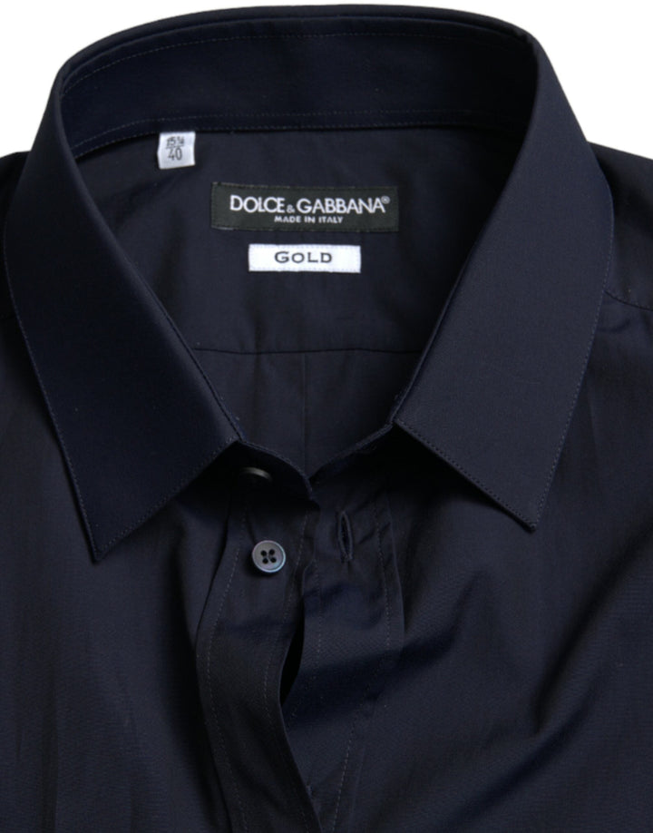 Dolce &amp; Gabbana Navy Blue Slim Fit Formal Gold Dress Shirt