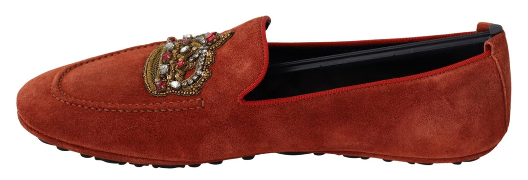 Men’s Dolce &amp; Gabbana Orange Leather Crystal Crown Loafers Shoes