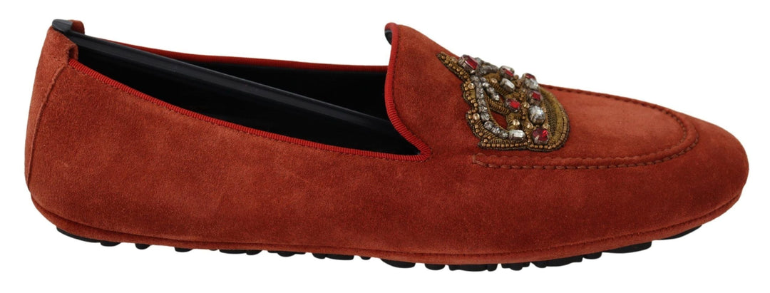 Men’s Dolce &amp; Gabbana Orange Leather Crystal Crown Loafers Shoes
