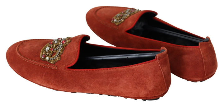 Men’s Dolce &amp; Gabbana Orange Leather Crystal Crown Loafers Shoes