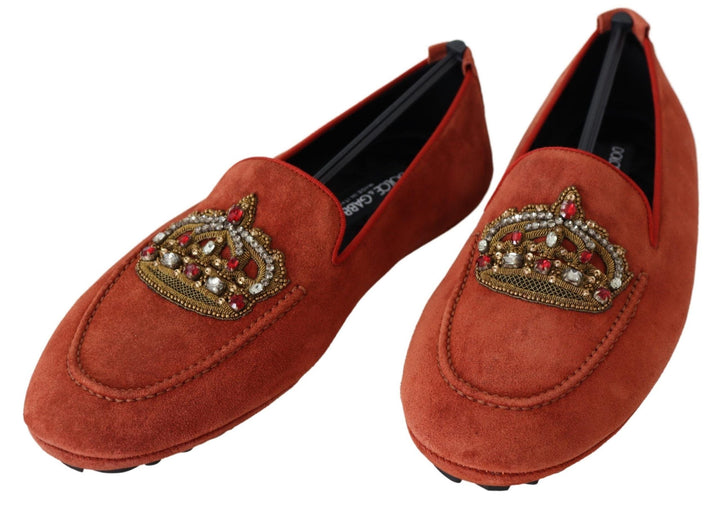 Men’s Dolce &amp; Gabbana Orange Leather Crystal Crown Loafers Shoes