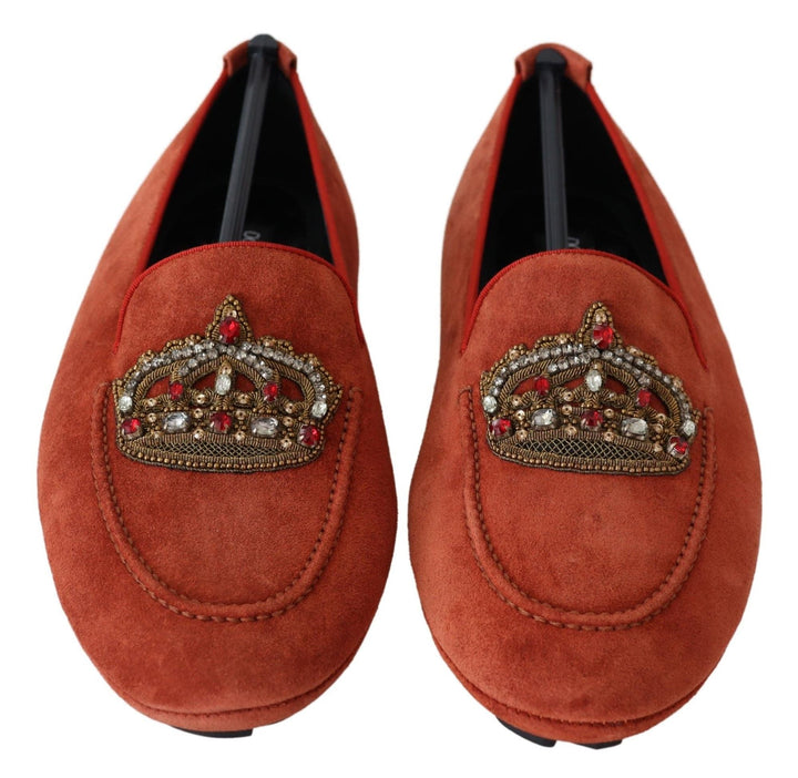 Men’s Dolce &amp; Gabbana Orange Leather Crystal Crown Loafers Shoes