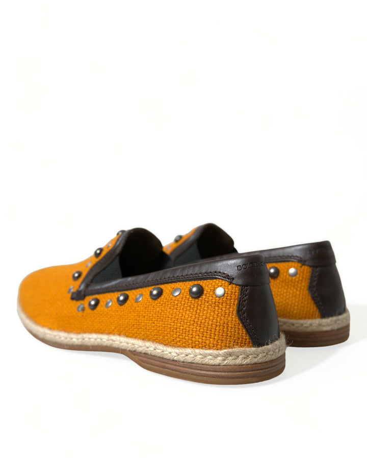 Men’s Dolce &amp; Gabbana Orange Linen Leather Studded Loafers Shoes