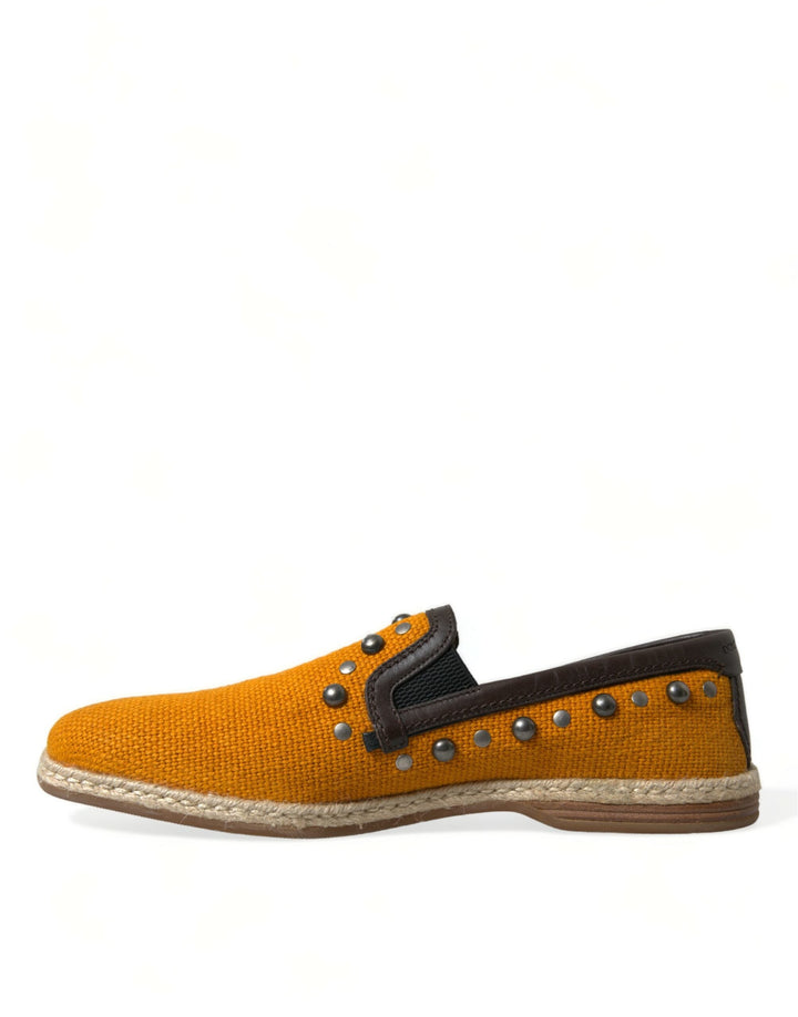 Men’s Dolce &amp; Gabbana Orange Linen Leather Studded Loafers Shoes