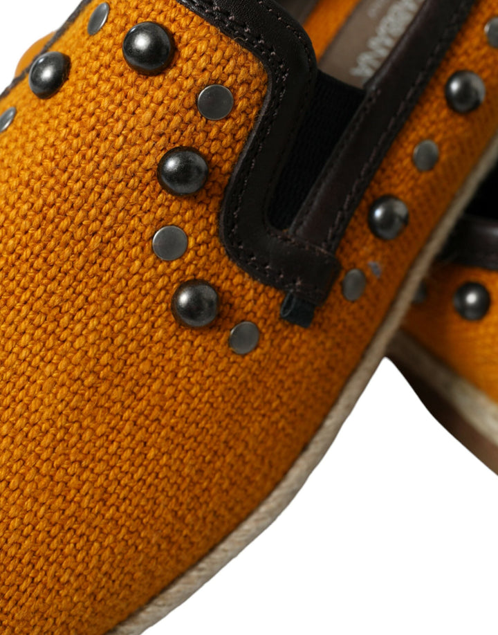 Men’s Dolce &amp; Gabbana Orange Linen Leather Studded Loafers Shoes