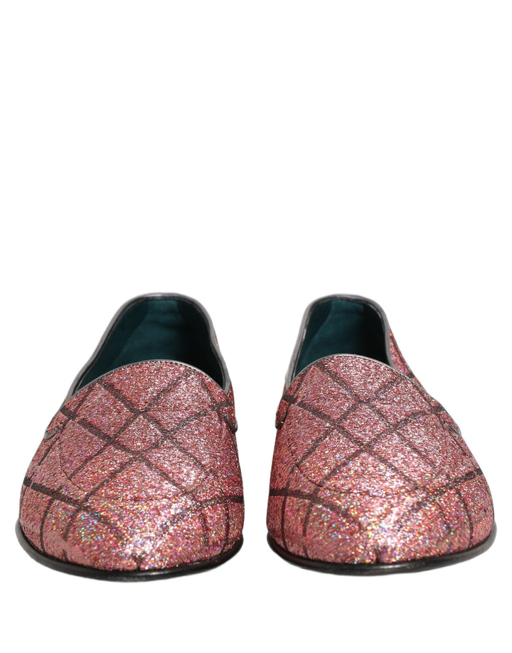 Men’s Dolce &amp; Gabbana Pink Check Glitter Lurex Logo Loafers Shoes