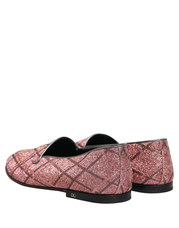 Men’s Dolce &amp; Gabbana Pink Check Glitter Lurex Logo Loafers Shoes