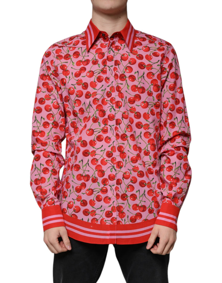 Dolce &amp; Gabbana Pink Cherry Cotton Formal Martini Dress Shirt