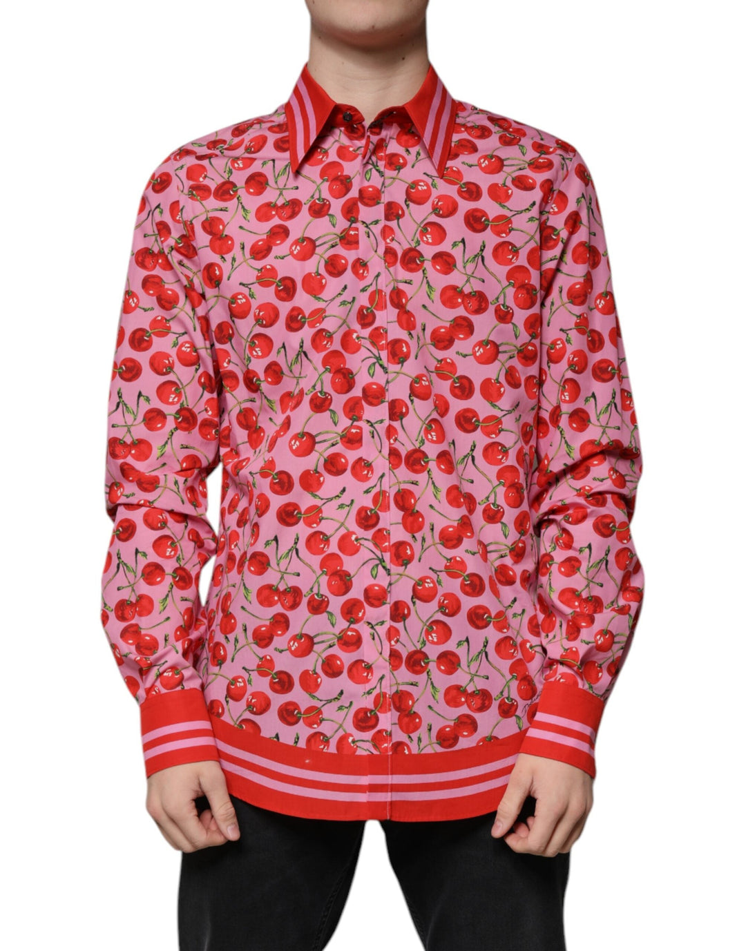 Dolce &amp; Gabbana Pink Cherry Cotton Formal Martini Dress Shirt