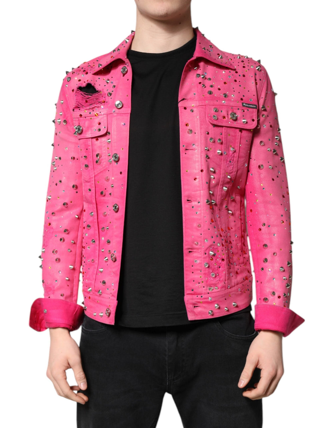 Men’s Dolce &amp; Gabbana Pink Crystal Embellished Cotton Denim Jacket