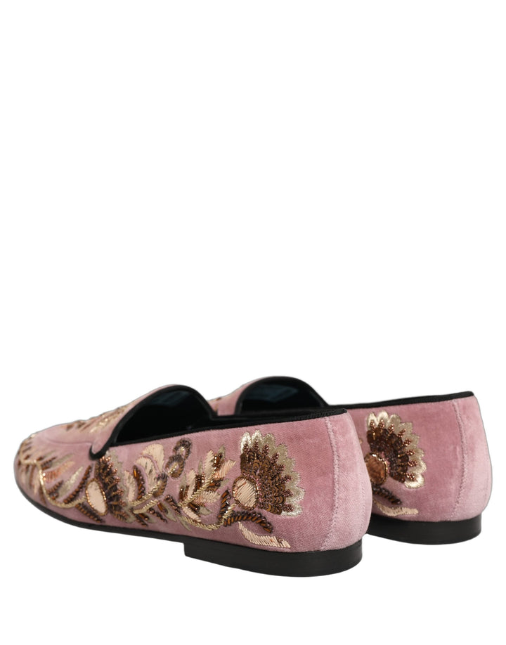 Men’s Dolce &amp; Gabbana Pink Velvet Floral Embroidery Loafers Shoes