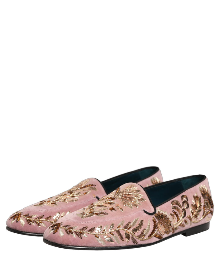 Men’s Dolce &amp; Gabbana Pink Velvet Floral Embroidery Loafers Shoes