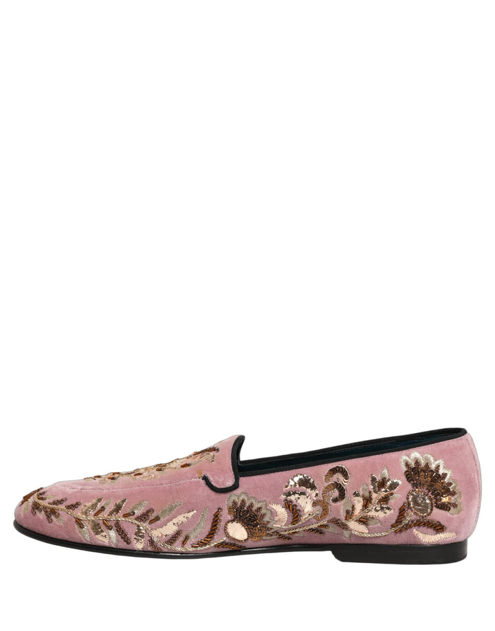 Men’s Dolce &amp; Gabbana Pink Velvet Floral Embroidery Loafers Shoes