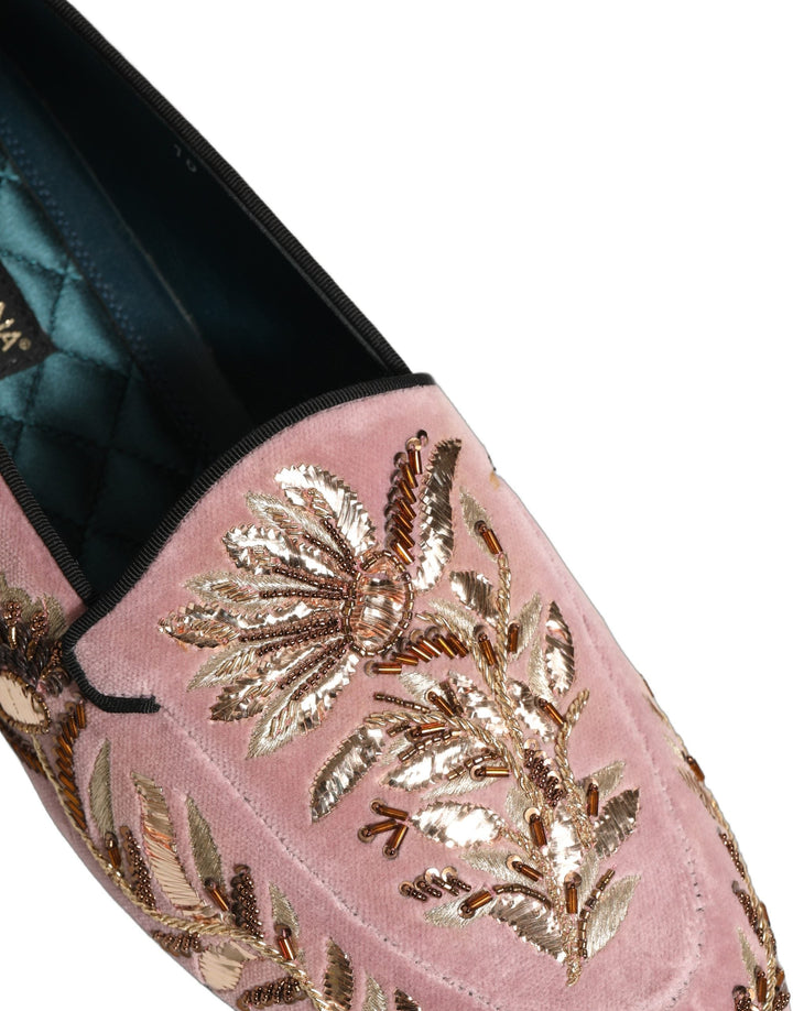 Men’s Dolce &amp; Gabbana Pink Velvet Floral Embroidery Loafers Shoes