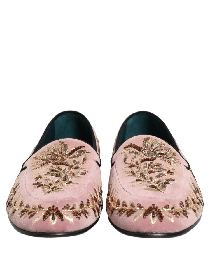 Men’s Dolce &amp; Gabbana Pink Velvet Floral Embroidery Loafers Shoes