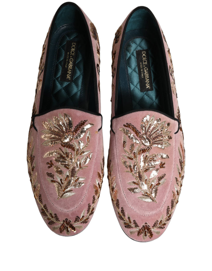 Men’s Dolce &amp; Gabbana Pink Velvet Floral Embroidery Loafers Shoes