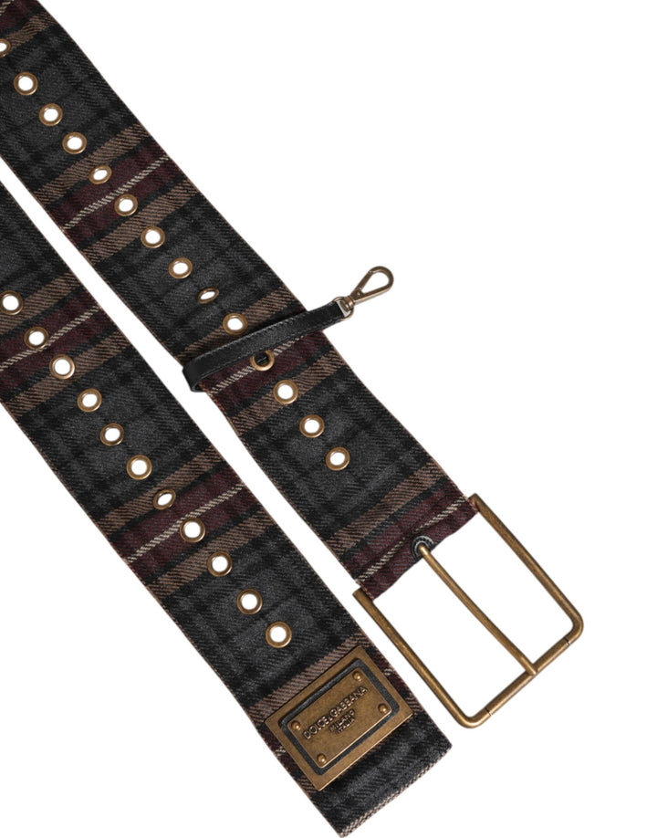 Dolce &amp; Gabbana Plaid Fabric Logo Plate Brass Buckle Belt