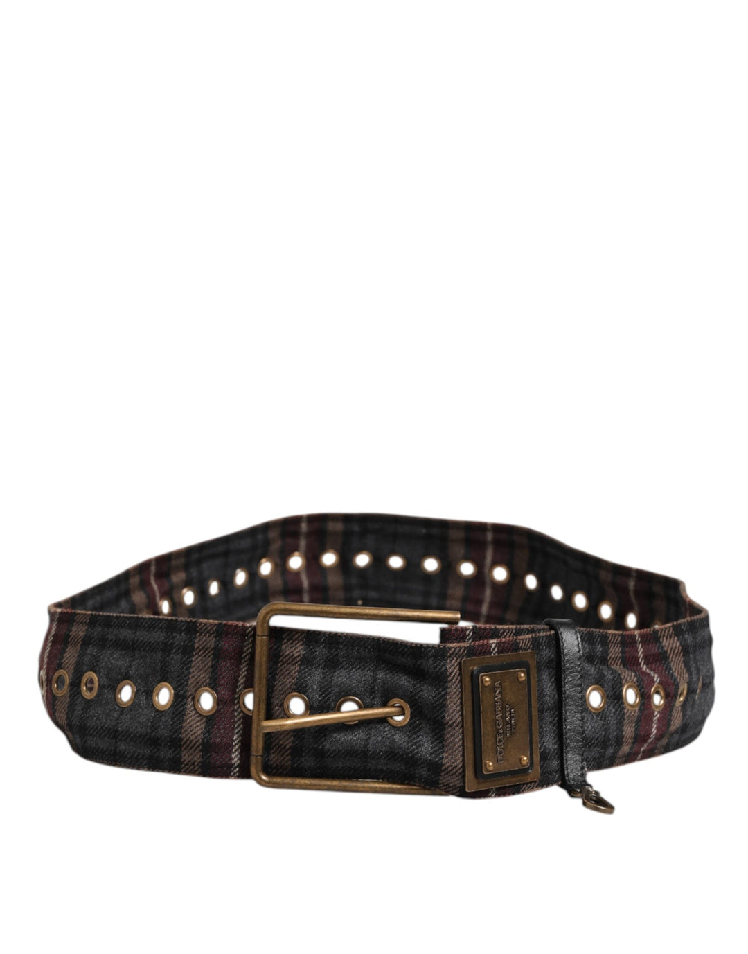 Dolce &amp; Gabbana Plaid Fabric Logo Plate Brass Buckle Belt