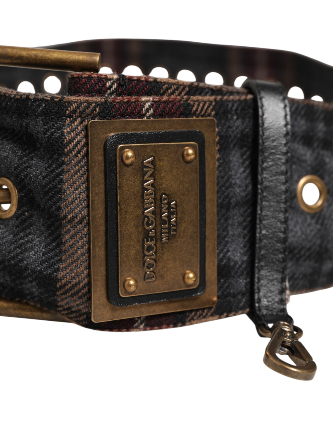 Dolce &amp; Gabbana Plaid Fabric Logo Plate Brass Buckle Belt