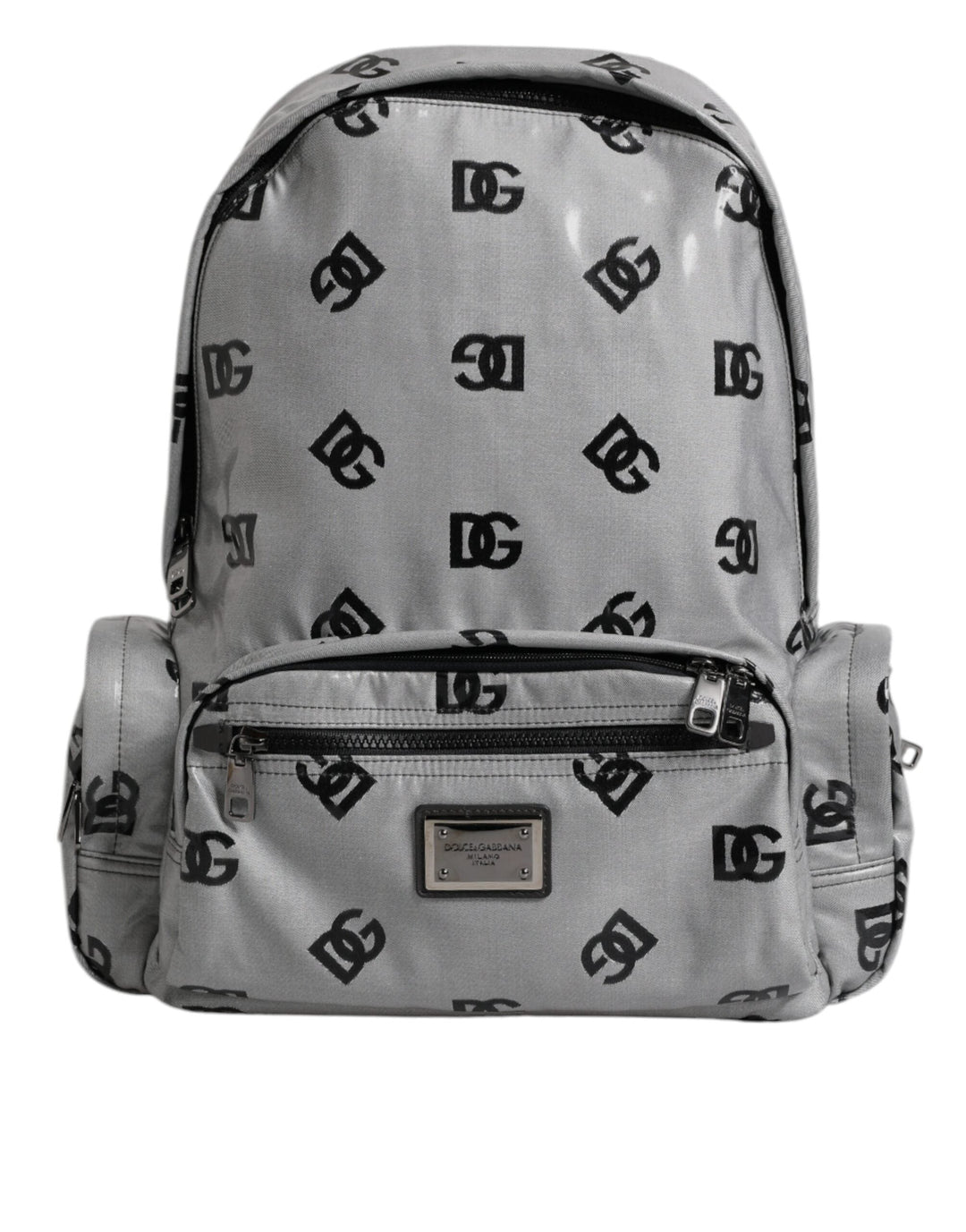 Men’s Dolce &amp; Gabbana Polyester Gray Black Dg Logo Plaque Backpack Bag