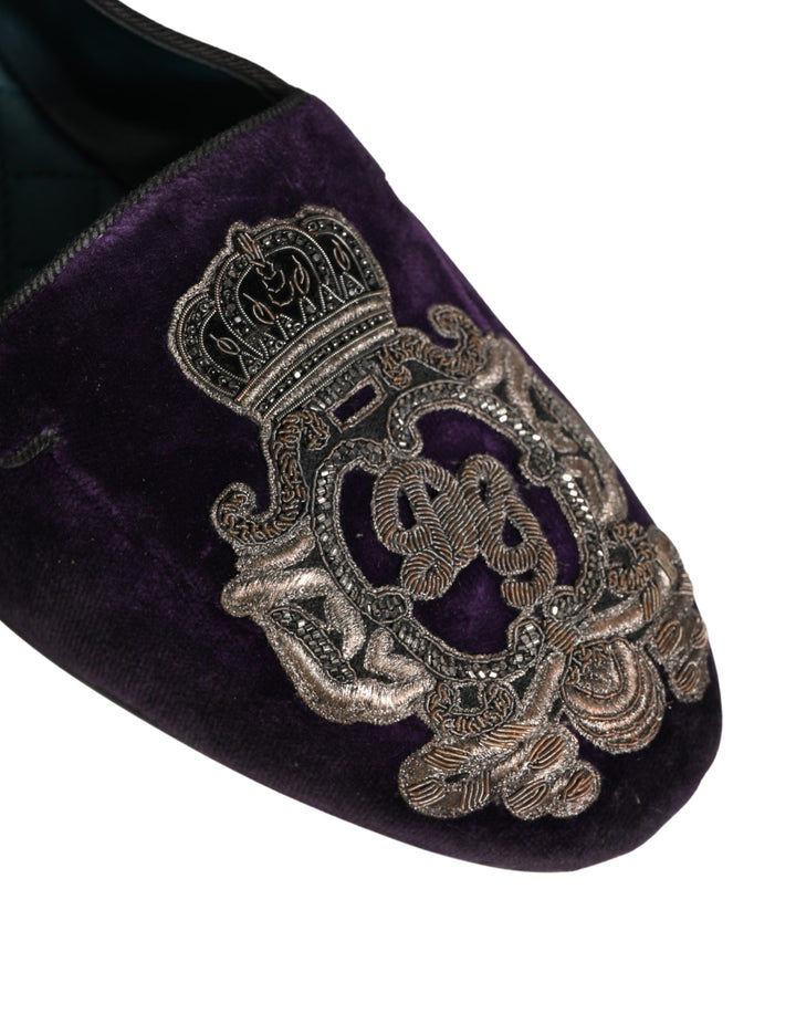 Men’s Dolce &amp; Gabbana Purple Velvet Crown Embroidery Loafers Shoes