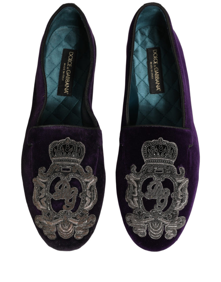 Men’s Dolce &amp; Gabbana Purple Velvet Crown Embroidery Loafers Shoes